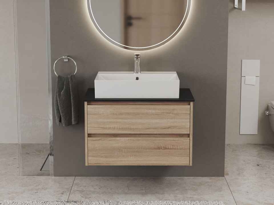 Duo Badm&ouml;bel 80, Eiche Gold, Keramik Waschbecken, Natursteinplatte
