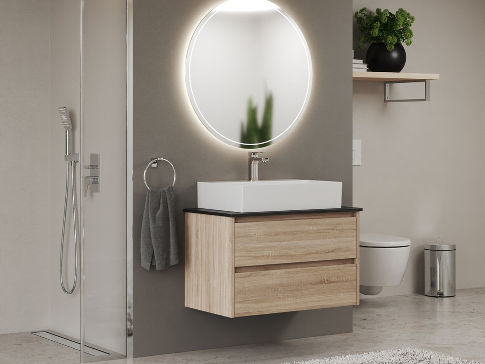 Duo Badm&ouml;bel 80, Eiche Gold, Keramik Waschbecken, Natursteinplatte