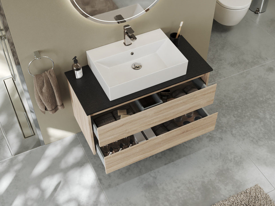 Duo Badm&ouml;bel 100, Eiche Gold, Keramik Waschbecken, Natursteinplatte