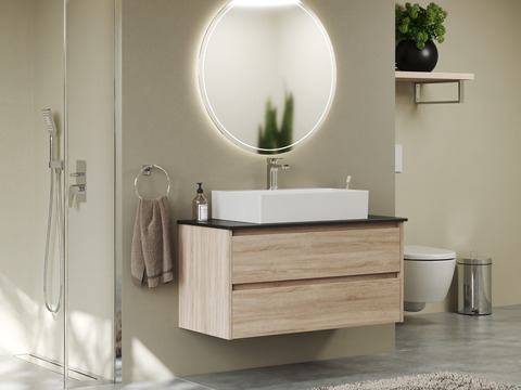 Duo Badmöbel 100, Eiche Gold, Keramik Waschbecken,...