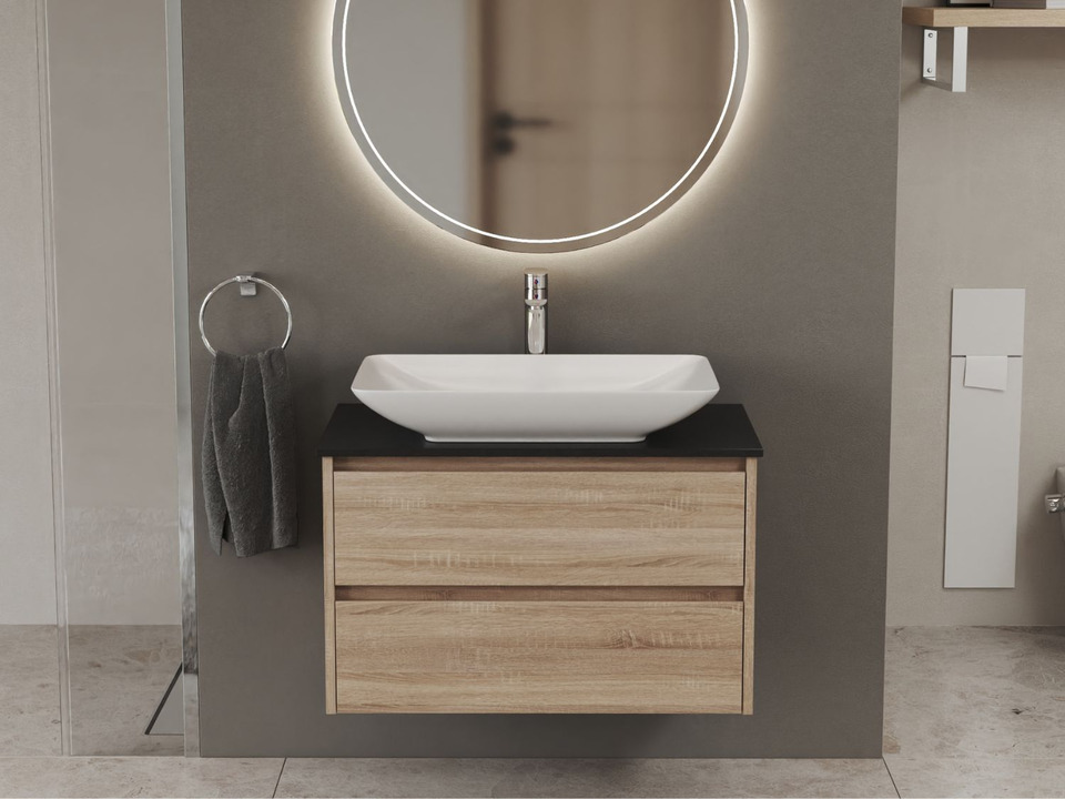 Duo Badm&ouml;bel 80, Eiche Gold, Keramik Waschbecken, Natursteinplatte