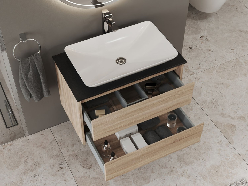 Duo Badm&ouml;bel 80, Eiche Gold, Keramik Waschbecken, Natursteinplatte