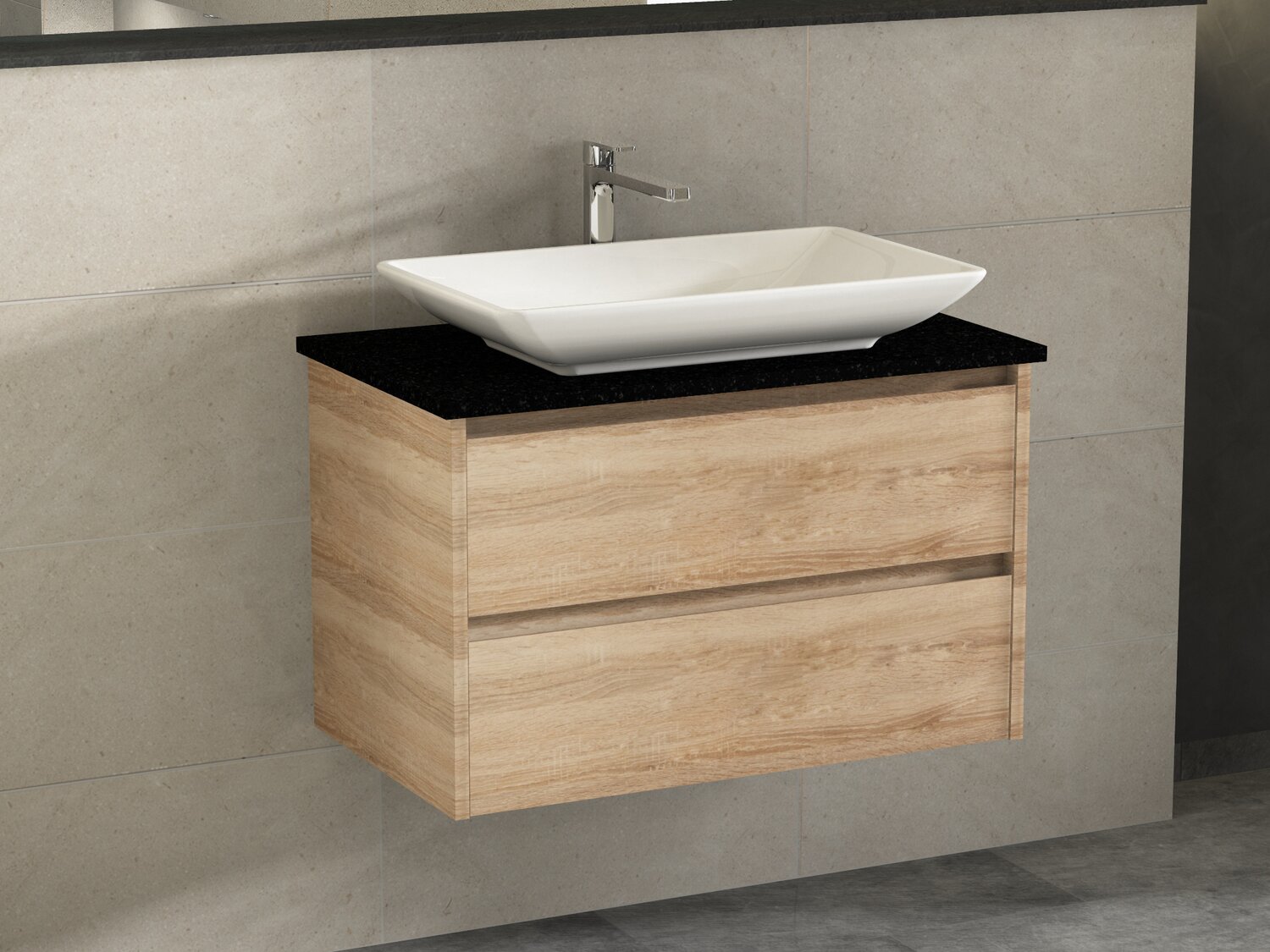 Duo Badm&ouml;bel 80, Eiche Gold, Keramik Waschbecken, Natursteinplatte