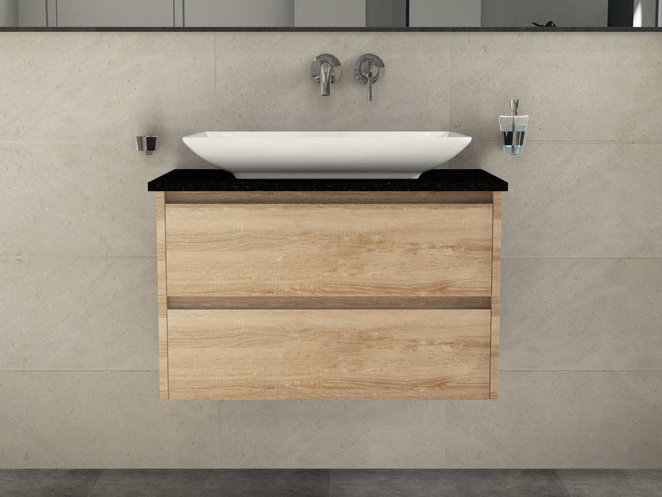 Duo Badm&ouml;bel 80, Eiche Gold, Keramik Waschbecken, Natursteinplatte