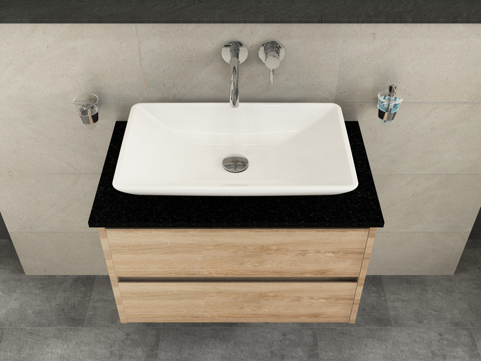Duo Badm&ouml;bel 80, Eiche Gold, Keramik Waschbecken, Natursteinplatte