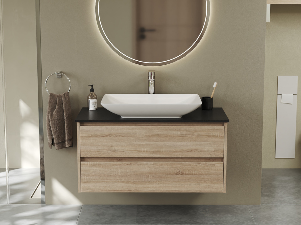 Duo Badm&ouml;bel 100, Eiche Gold, Keramik Waschbecken, Natursteinplatte