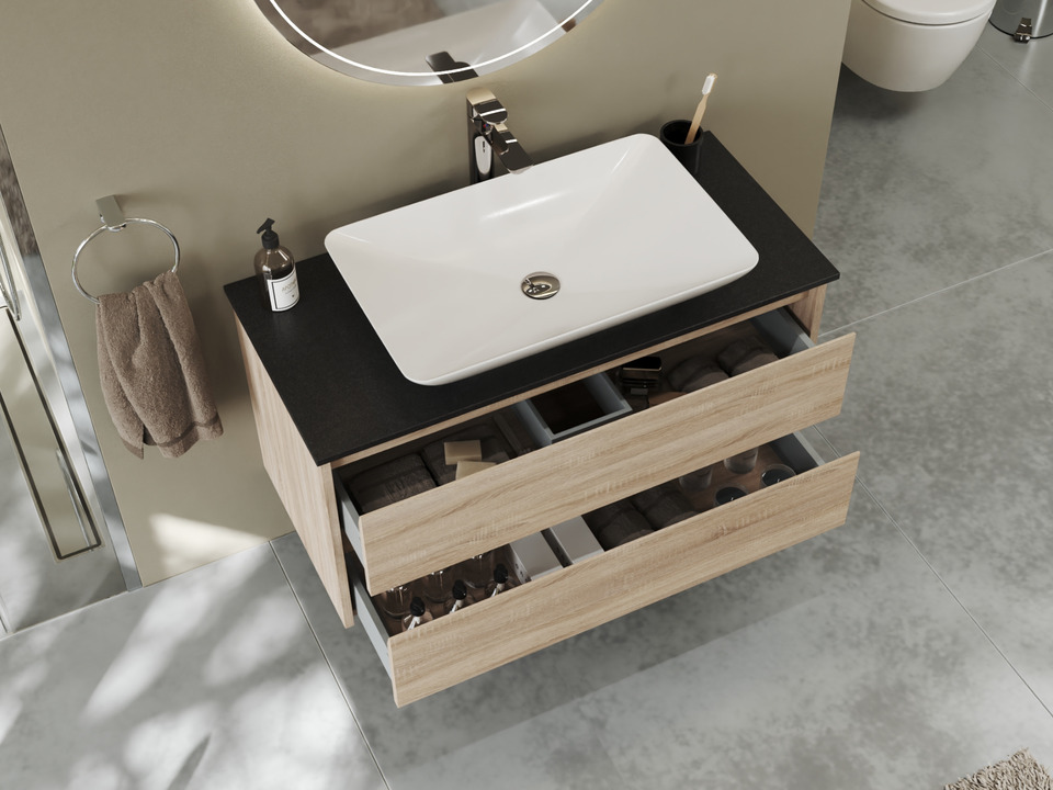 Duo Badm&ouml;bel 100, Eiche Gold, Keramik Waschbecken, Natursteinplatte