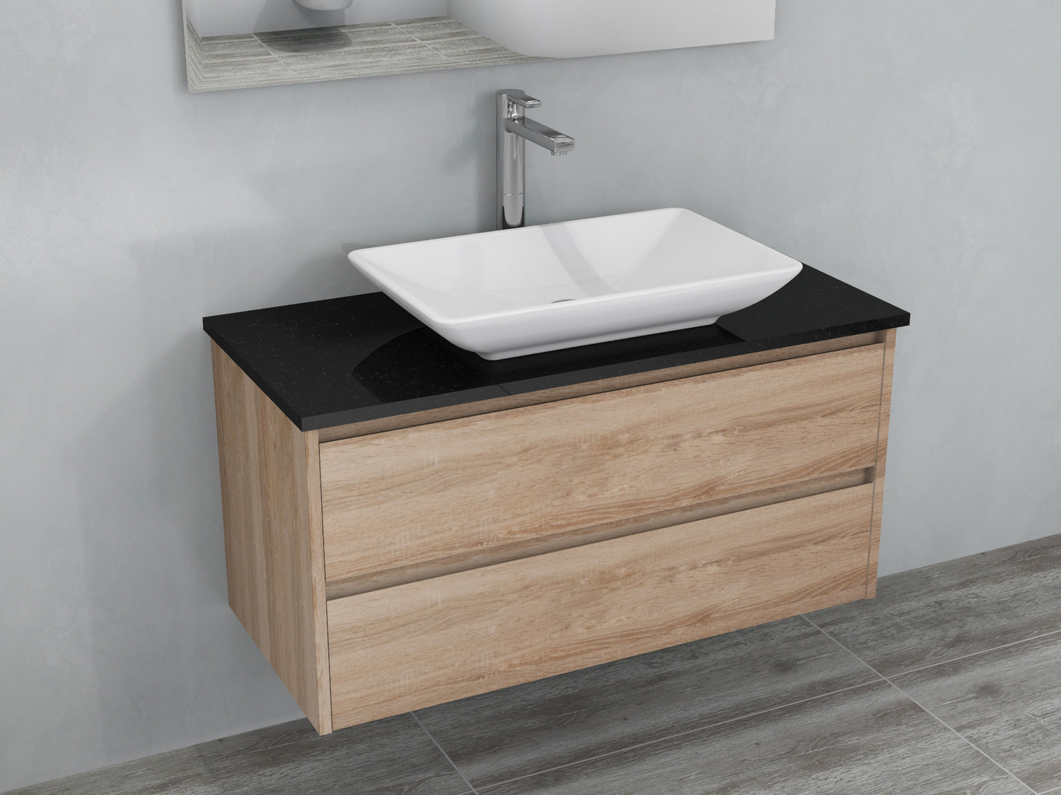 Duo Badm&ouml;bel 100, Eiche Gold, Keramik Waschbecken, Natursteinplatte