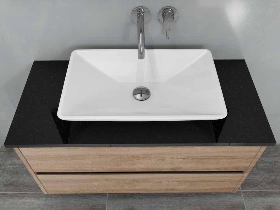 Duo Badm&ouml;bel 100, Eiche Gold, Keramik Waschbecken, Natursteinplatte