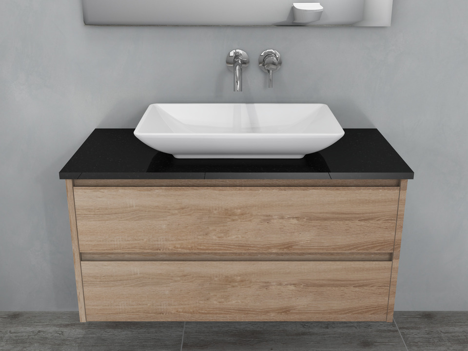 Duo Badm&ouml;bel 100, Eiche Gold, Keramik Waschbecken, Natursteinplatte
