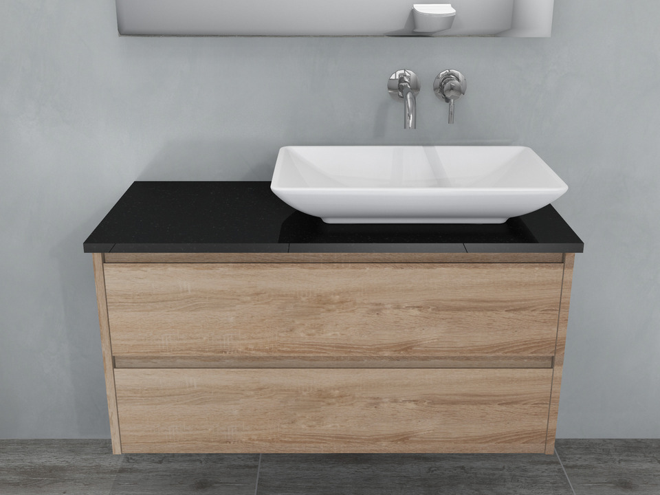 Duo Badm&ouml;bel 100, Eiche Gold, Keramik Waschbecken, Natursteinplatte