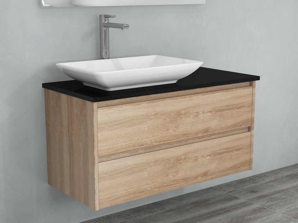 Duo Badm&ouml;bel 100, Eiche Gold, Keramik Waschbecken, Natursteinplatte