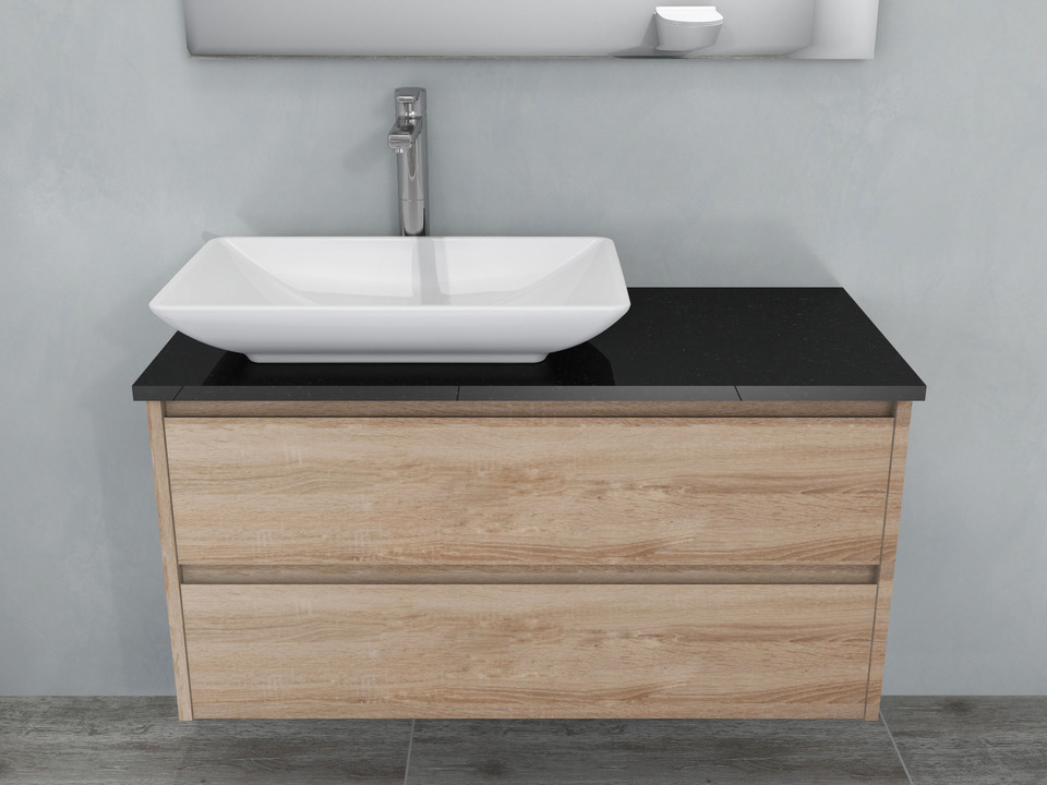 Duo Badm&ouml;bel 100, Eiche Gold, Keramik Waschbecken, Natursteinplatte