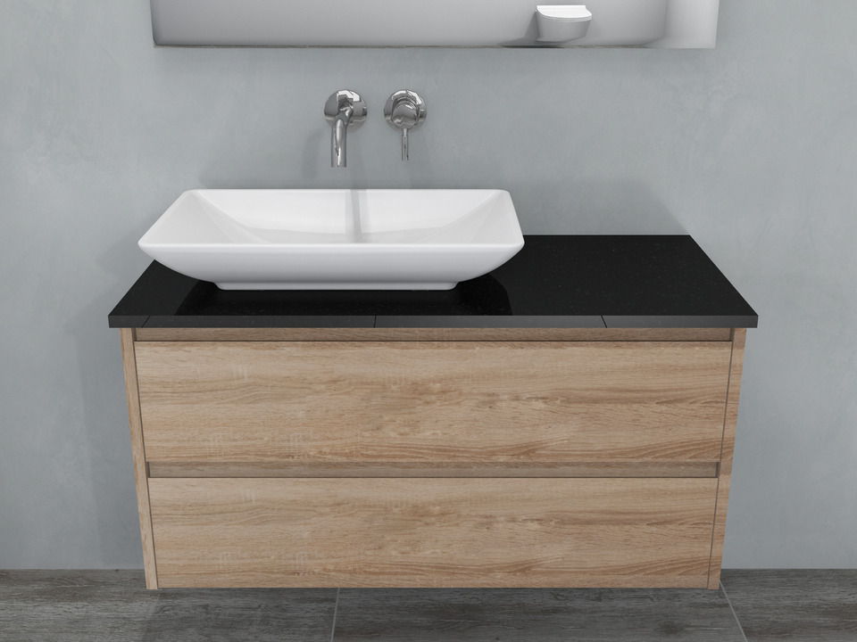 Duo Badm&ouml;bel 100, Eiche Gold, Keramik Waschbecken, Natursteinplatte