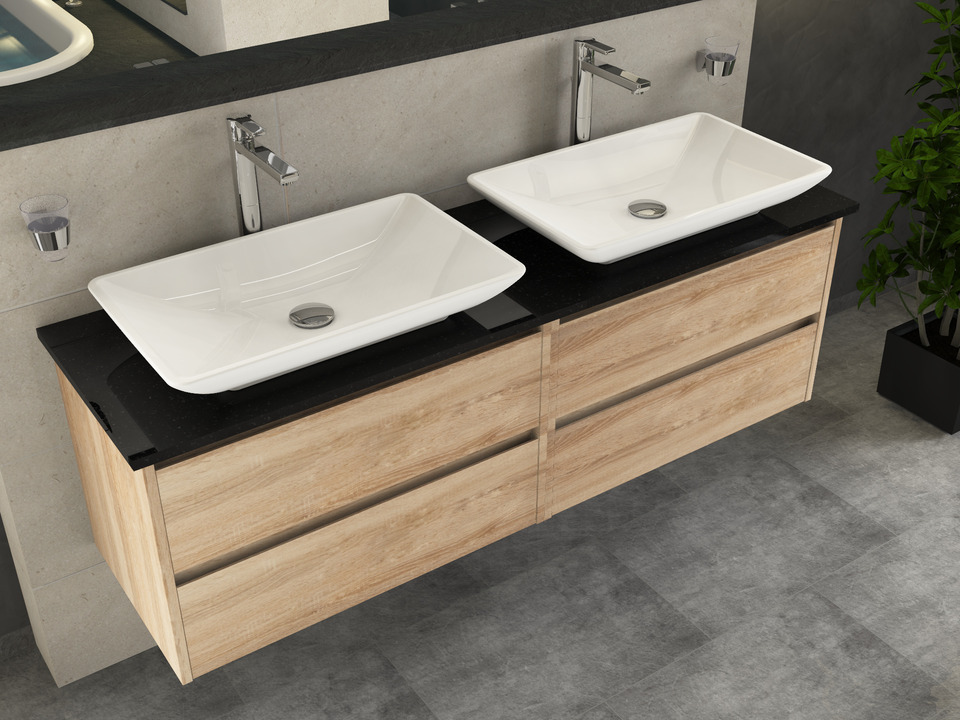 Duo Badm&ouml;bel 160, Eiche Gold, Doppelwaschtisch, Natursteinplatte