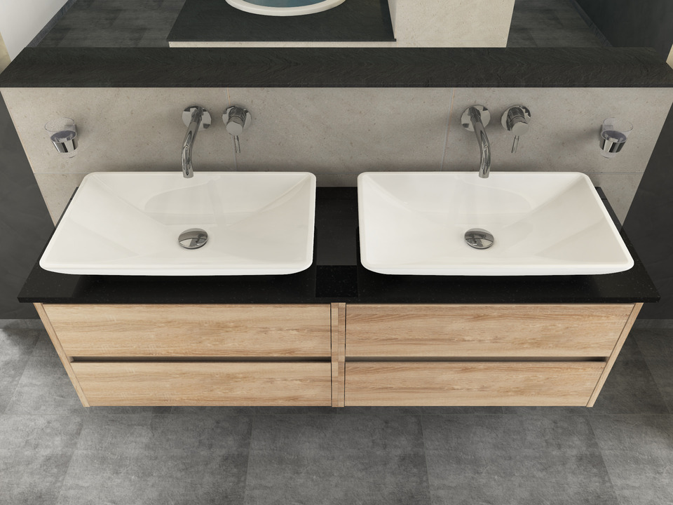 Duo Badm&ouml;bel 160, Eiche Gold, Doppelwaschtisch, Natursteinplatte