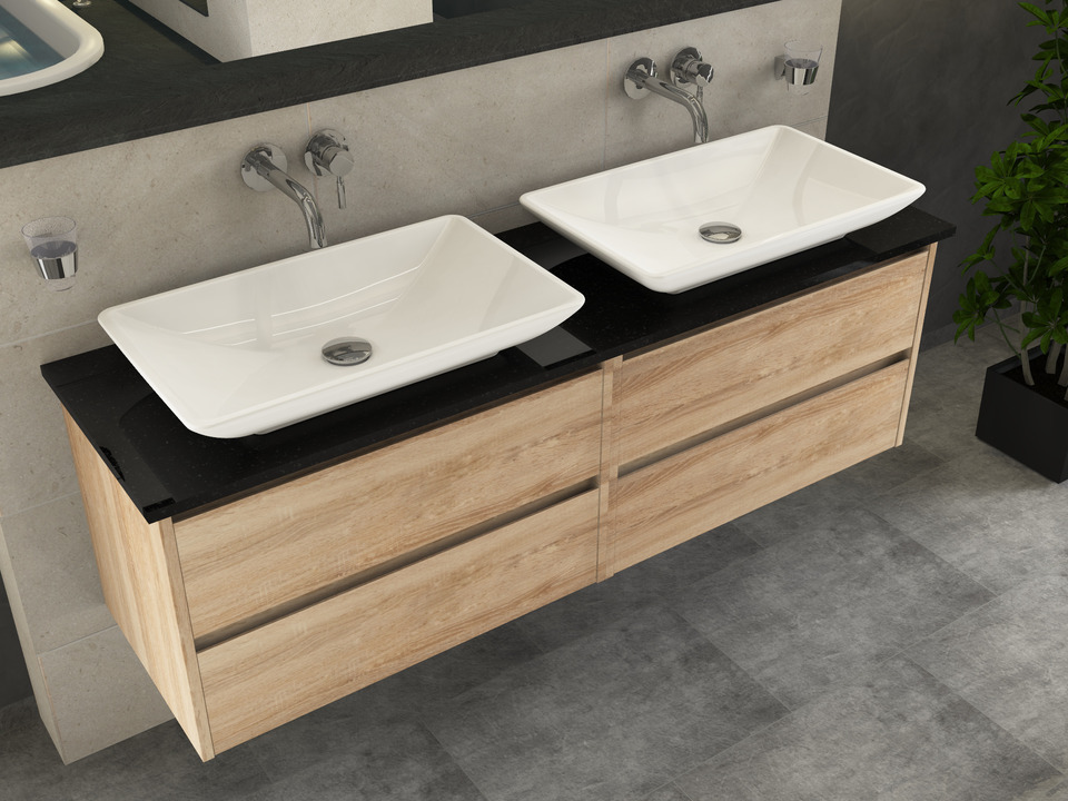 Duo Badm&ouml;bel 160, Eiche Gold, Doppelwaschtisch, Natursteinplatte