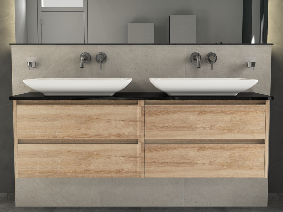 Duo Badm&ouml;bel 160, Eiche Gold, Doppelwaschtisch, Natursteinplatte