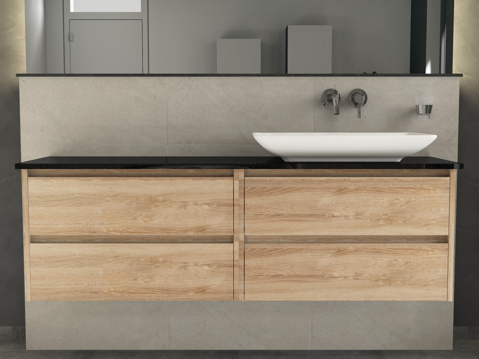 Duo Badm&ouml;bel 160, Eiche Gold, Keramik Waschbecken, Natursteinplatte