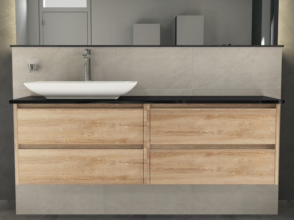 Duo Badm&ouml;bel 160, Eiche Gold, Keramik Waschbecken, Natursteinplatte
