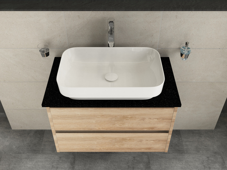 Duo Badm&ouml;bel 80, Eiche Gold, Keramik Waschbecken, Natursteinplatte