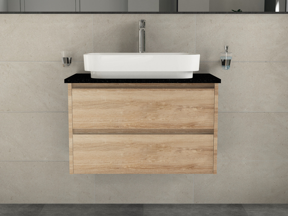 Duo Badm&ouml;bel 80, Eiche Gold, Keramik Waschbecken, Natursteinplatte