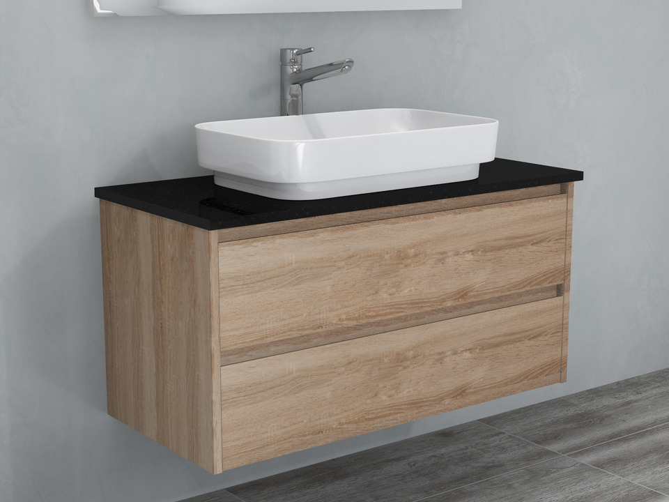 Duo Badm&ouml;bel 100, Eiche Gold, Keramik Waschbecken, Natursteinplatte