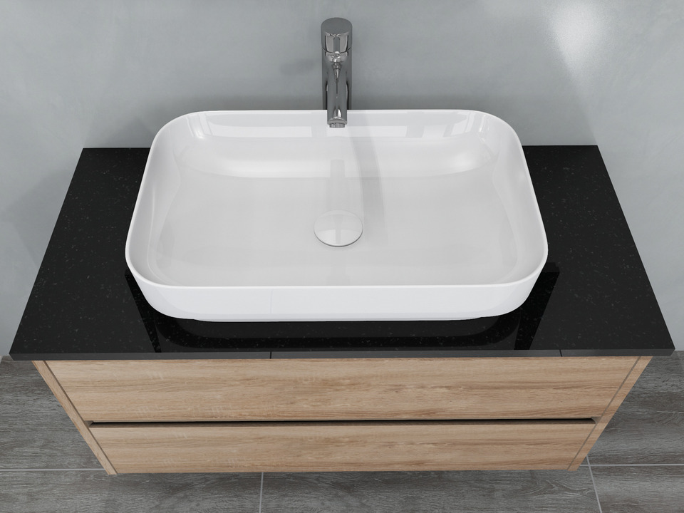 Duo Badm&ouml;bel 100, Eiche Gold, Keramik Waschbecken, Natursteinplatte