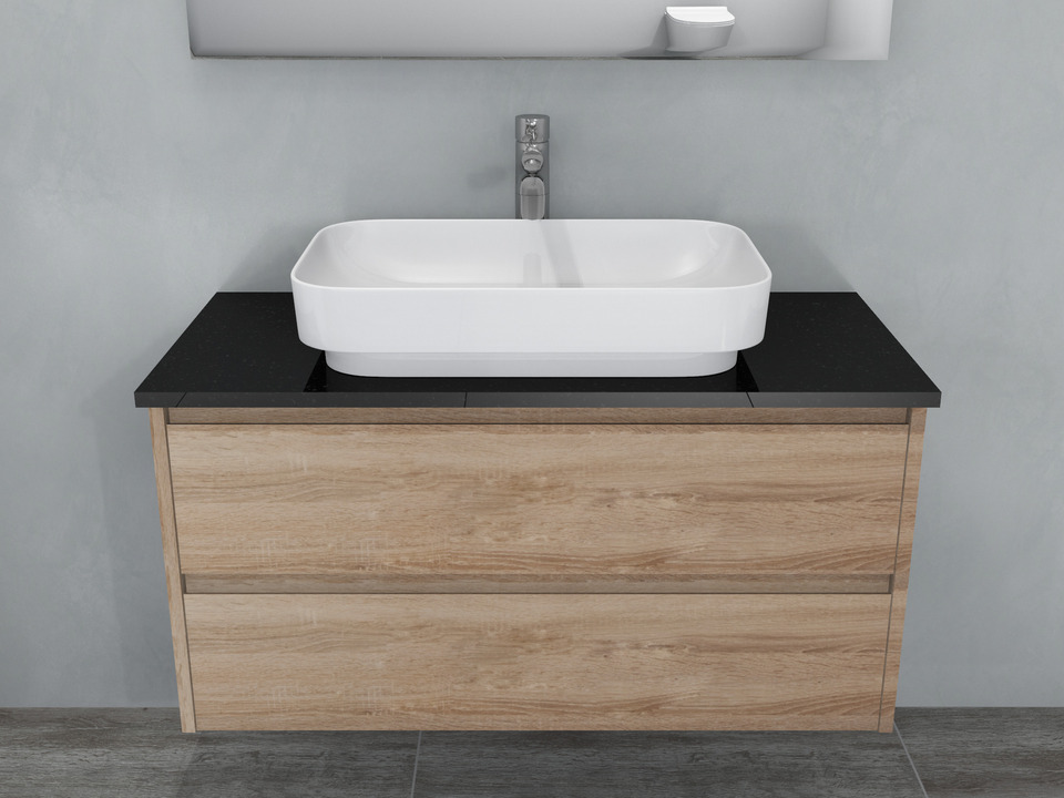 Duo Badm&ouml;bel 100, Eiche Gold, Keramik Waschbecken, Natursteinplatte