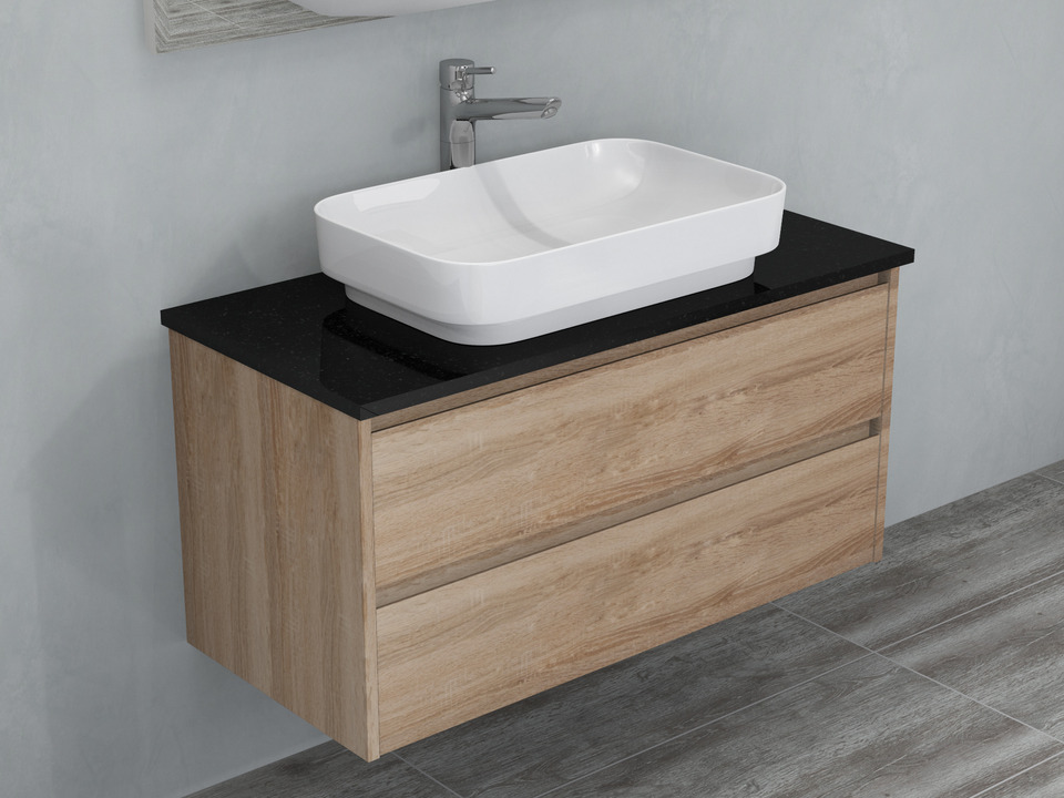 Duo Badm&ouml;bel 100, Eiche Gold, Keramik Waschbecken, Natursteinplatte