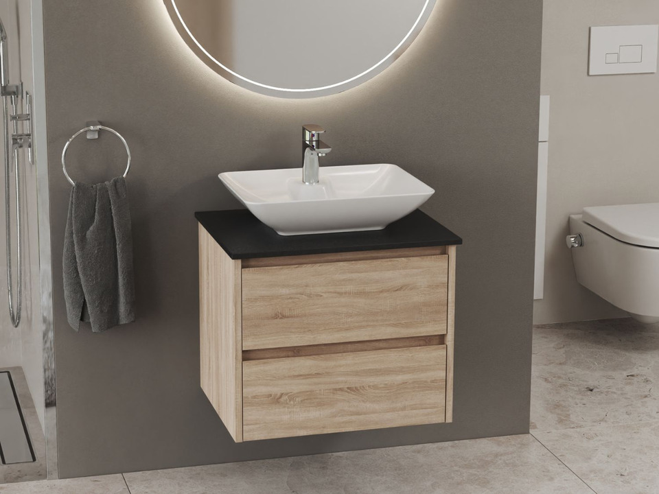 Duo Badm&ouml;bel 60, Eiche Gold, Keramik Waschbecken, Natursteinplatte