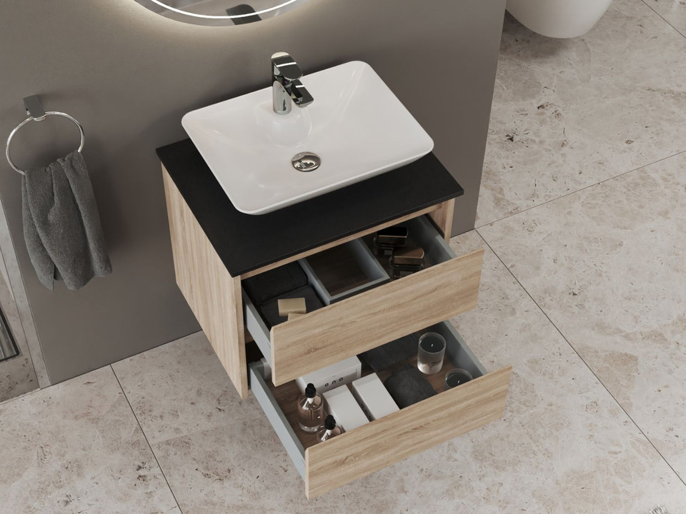 Duo Badm&ouml;bel 60, Eiche Gold, Keramik Waschbecken, Natursteinplatte