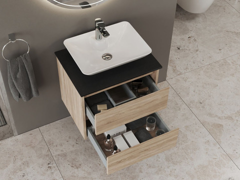 Duo Badmöbel 60, Eiche Gold, Keramik Waschbecken,...