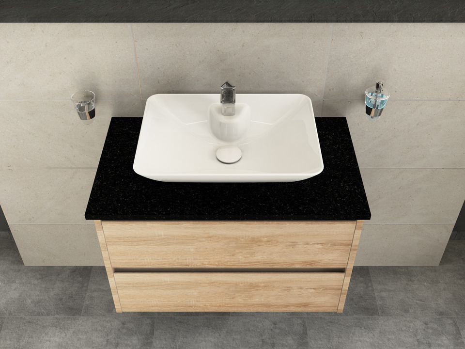 Duo Badm&ouml;bel 80, Eiche Gold, Keramik Waschbecken, Natursteinplatte