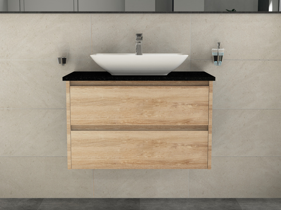 Duo Badm&ouml;bel 80, Eiche Gold, Keramik Waschbecken, Natursteinplatte
