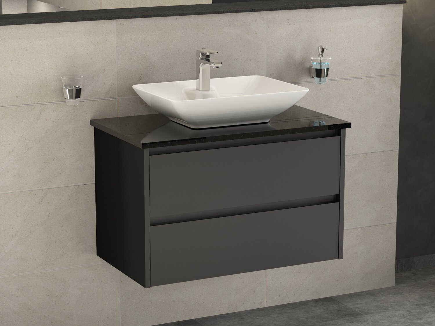 Duo Badm&ouml;bel 80, Anthrazit Matt, Keramik Waschbecken, Natursteinplatte