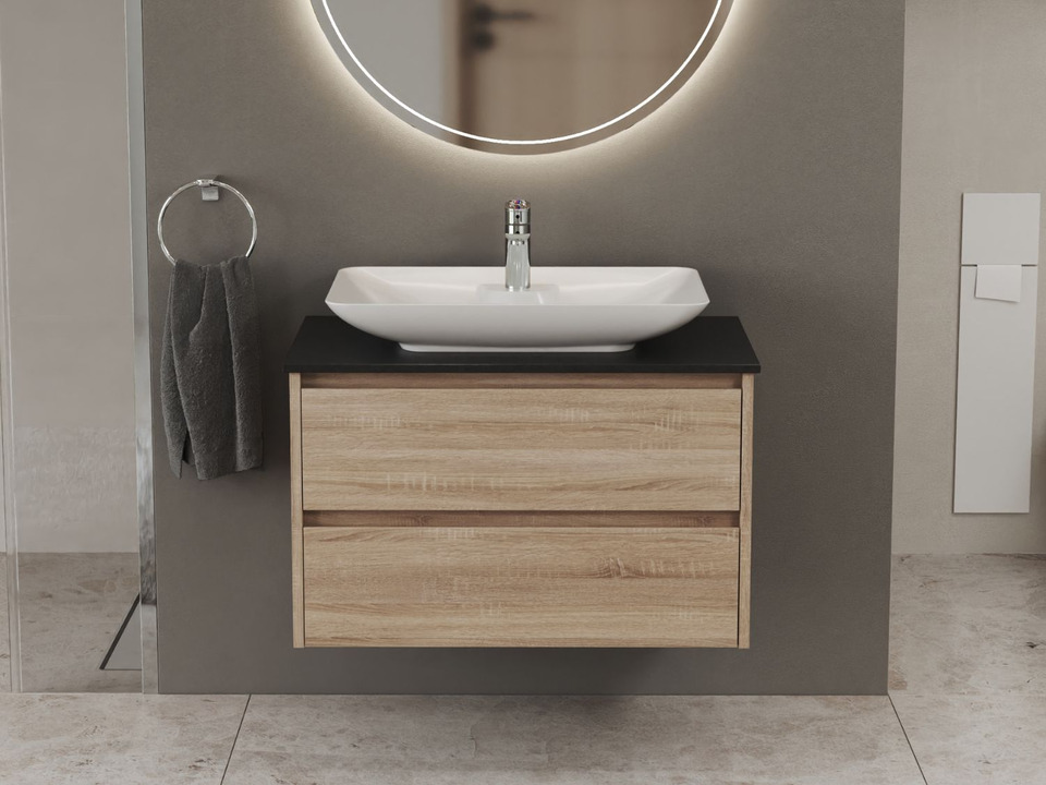Duo Badm&ouml;bel 80, Eiche Gold, Keramik Waschbecken, Natursteinplatte