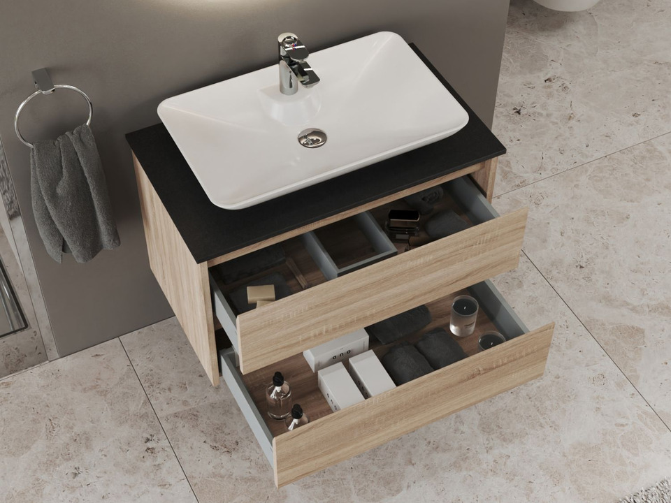 Duo Badm&ouml;bel 80, Eiche Gold, Keramik Waschbecken, Natursteinplatte