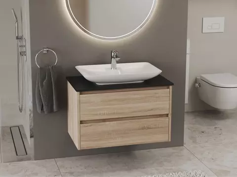 Duo Badmöbel 80, Eiche Gold, Keramik Waschbecken,...
