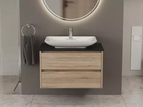 Duo Badmöbel 80, Eiche Gold, Keramik Waschbecken,...