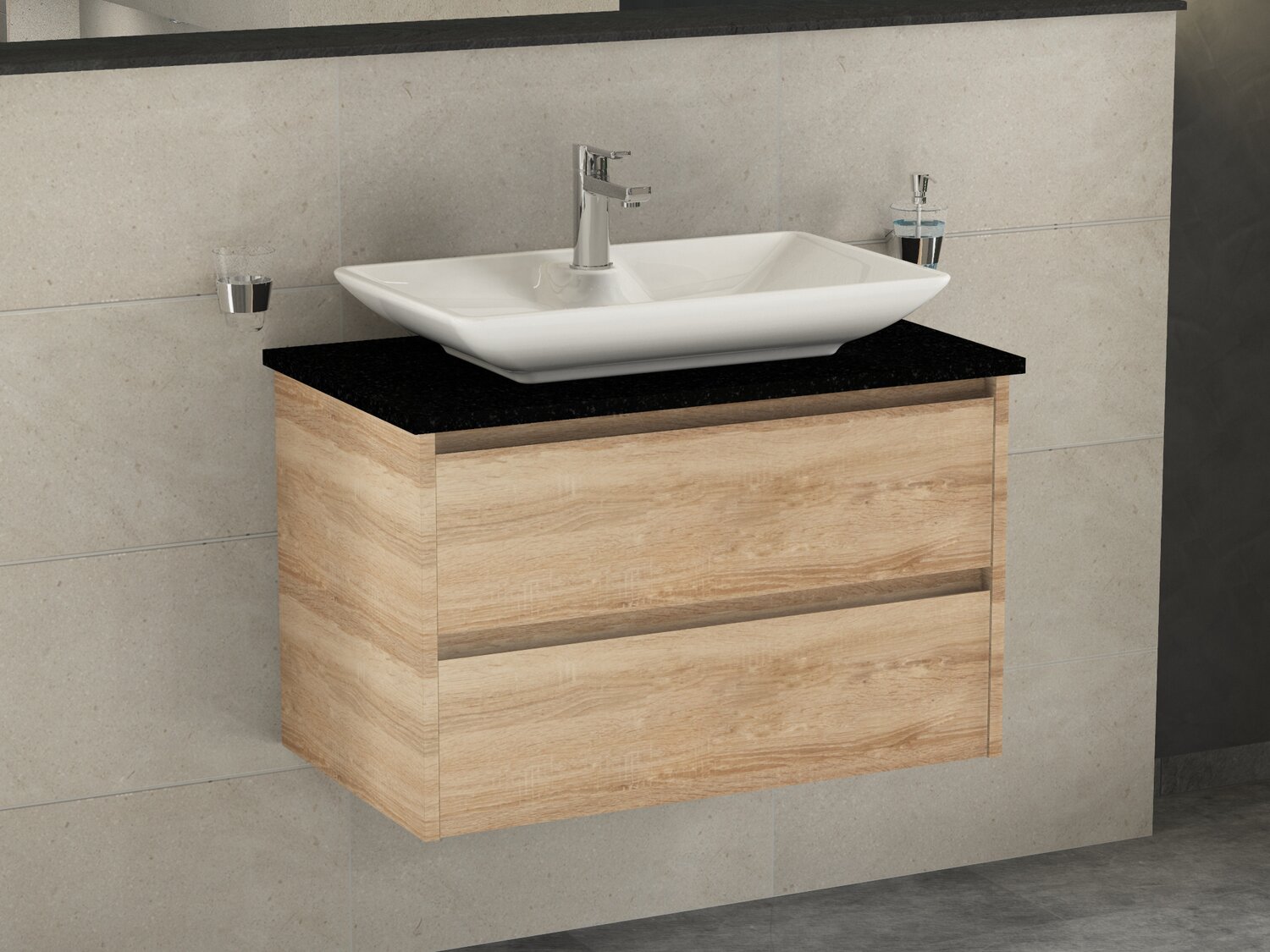 Duo Badm&ouml;bel 80, Eiche Gold, Keramik Waschbecken, Natursteinplatte