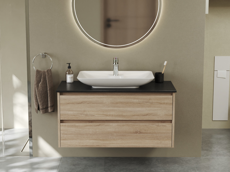Duo Badm&ouml;bel 100, Eiche Gold, Keramik Waschbecken, Natursteinplatte