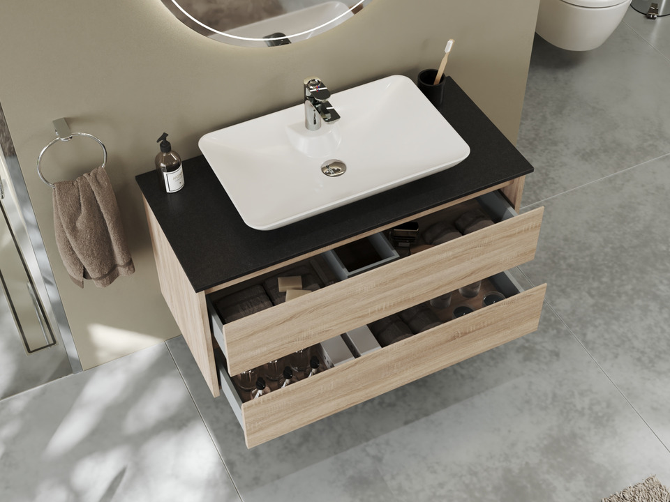 Duo Badm&ouml;bel 100, Eiche Gold, Keramik Waschbecken, Natursteinplatte