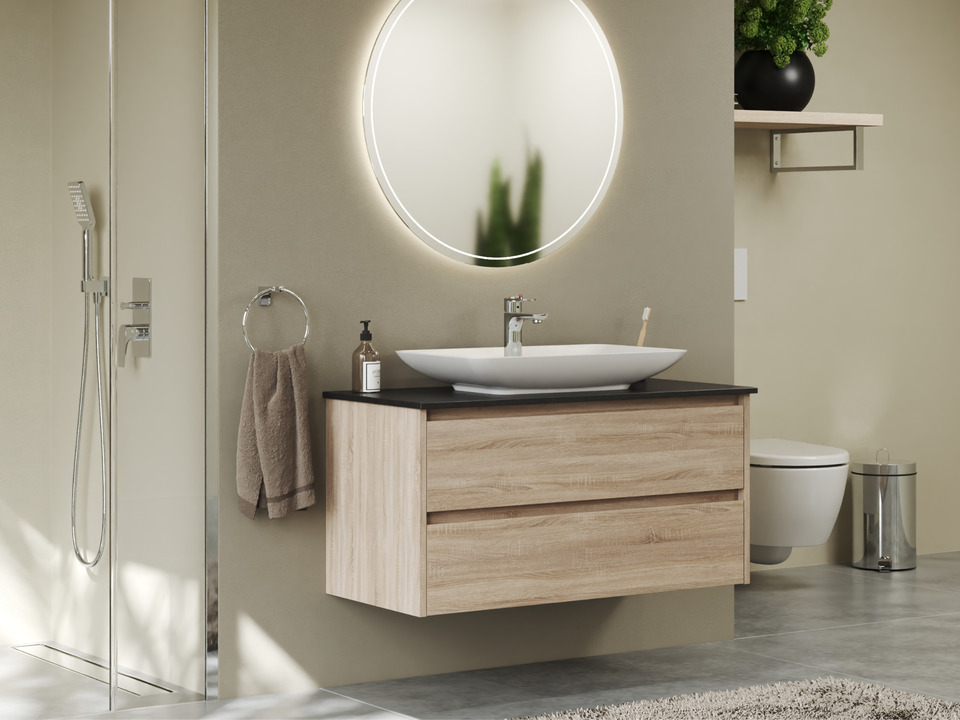 Duo Badm&ouml;bel 100, Eiche Gold, Keramik Waschbecken, Natursteinplatte