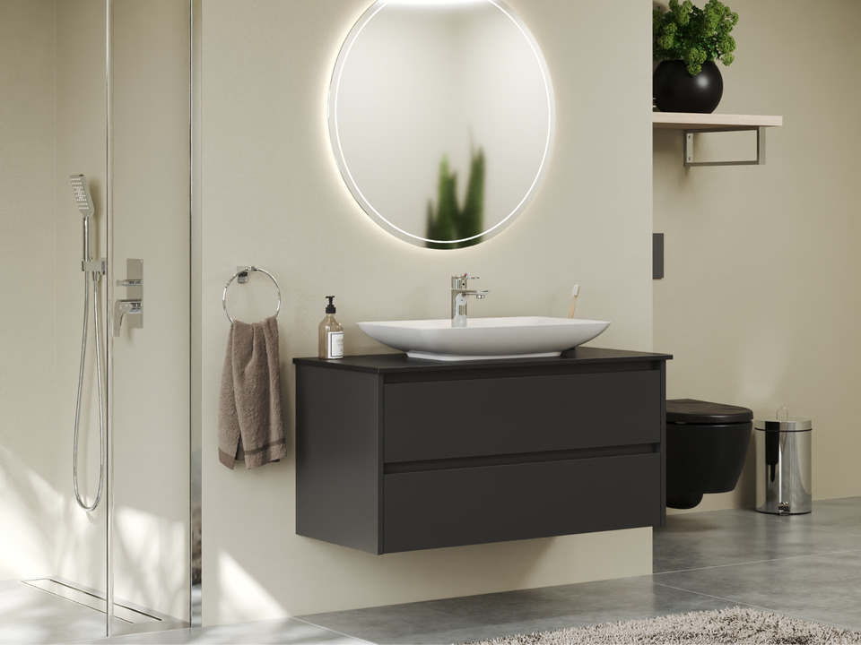 Duo Badm&ouml;bel 100, Anthrazit Matt Lackiert, Keramik Waschbecken, Natursteinplatte