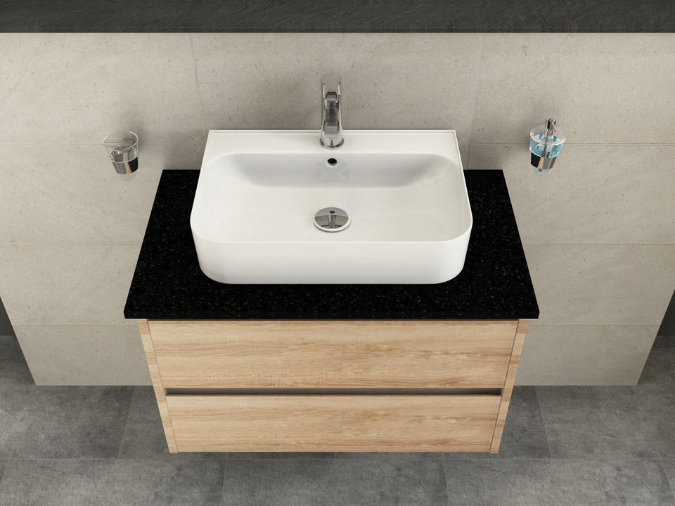 Duo Badm&ouml;bel 80, Eiche Gold, Keramik Waschbecken, Natursteinplatte