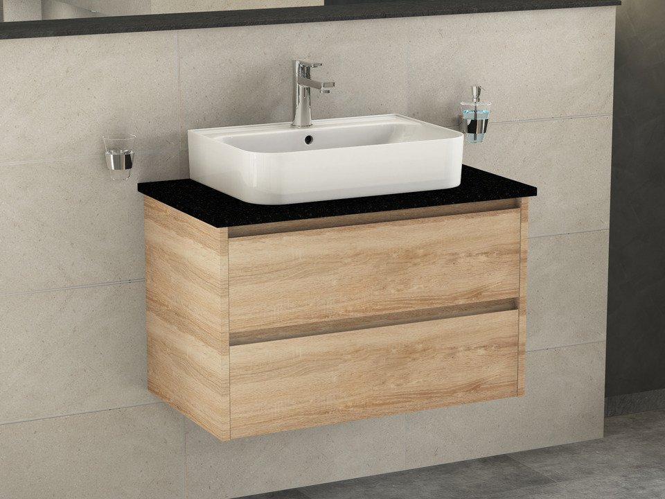 Duo Badm&ouml;bel 80, Eiche Gold, Keramik Waschbecken, Natursteinplatte