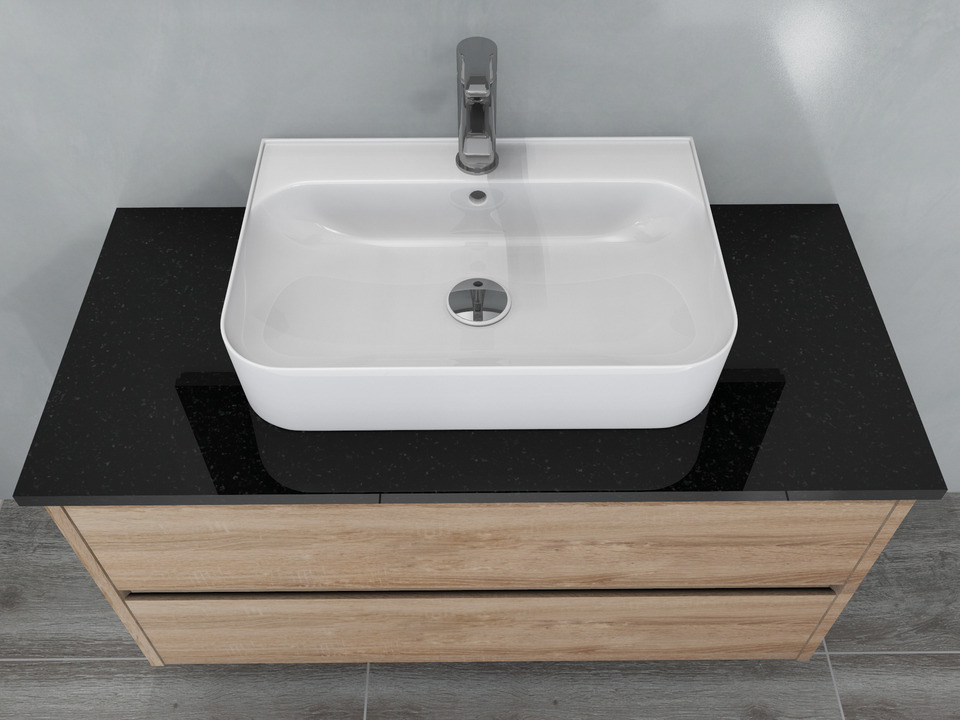 Duo Badm&ouml;bel 100, Eiche Gold, Keramik Waschbecken, Natursteinplatte