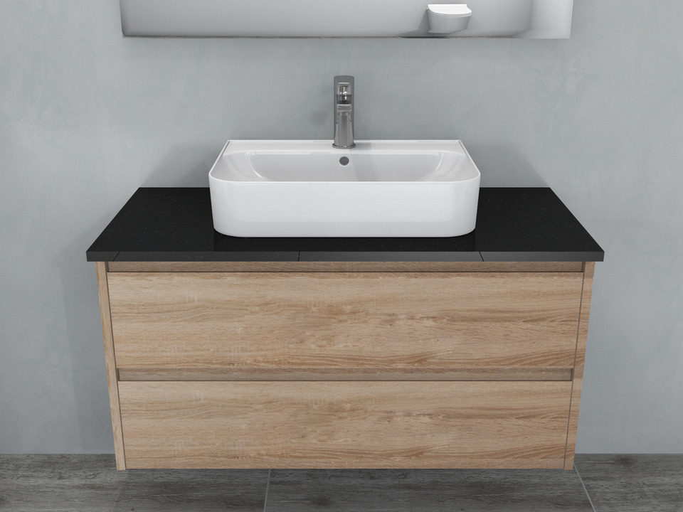 Duo Badm&ouml;bel 100, Eiche Gold, Keramik Waschbecken, Natursteinplatte