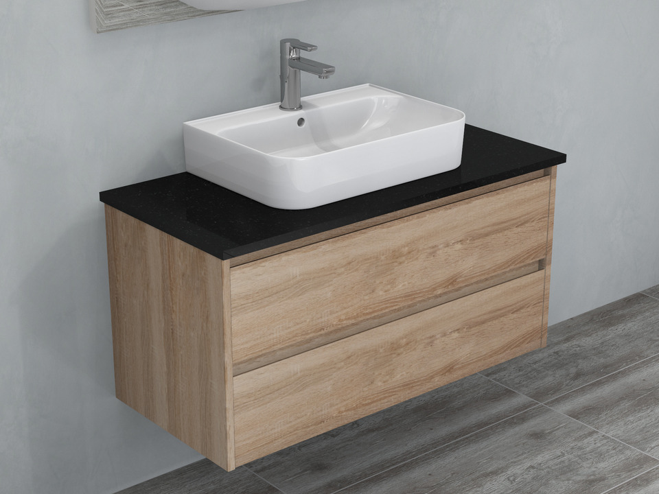 Duo Badm&ouml;bel 100, Eiche Gold, Keramik Waschbecken, Natursteinplatte